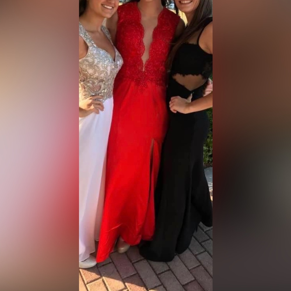 Red lace and satin prom dress with slit and mesh V neck